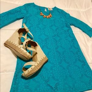 Turquoise Blue Lace Shift Dress, Medium,3/4 Sleeve